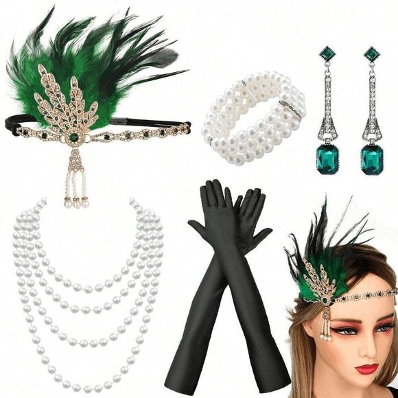 💚✨ 5PCS 1920s Green Accessories Flapper Great Gatsby Retro Costume Set NEW - Picture 1 of 14